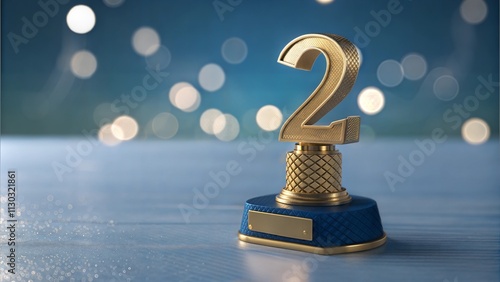 Second place winners gold trophy with a 3D textured metallic number two over blue with copy space and bokeh photo