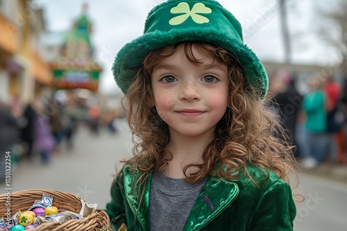 Child Wearing a Green Leprechaun Costume for St. Patrick's Day photo