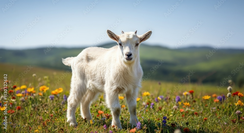 Fototapeta premium Young goat grazing in vibrant wildflower meadow on sunny day in nature