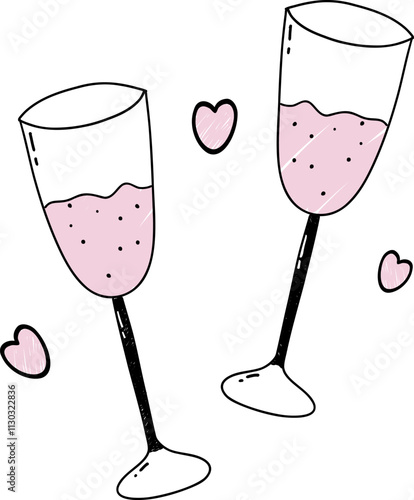 Cocktail alcohol mixed drink, honeymoon hand drawing for valentine's day, vector illustration