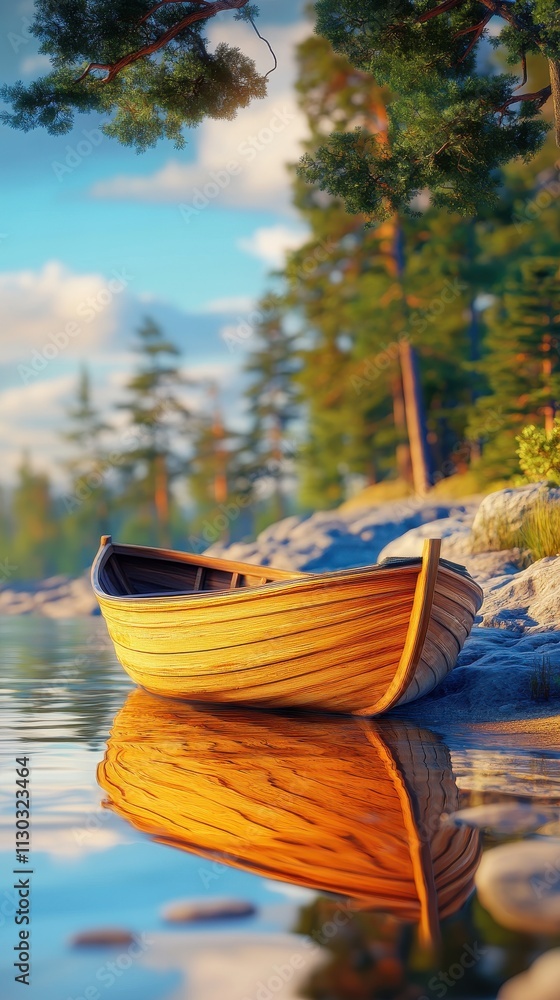 Obraz premium Tranquil Lakeside Serenity: Wooden Rowboat at Dawn