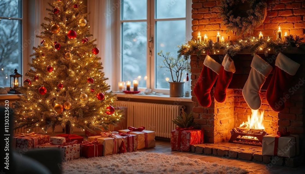 Fototapeta premium Cozy Christmas Fireplace: A beautifully decorated Christmas tree glows with warm lights, nestled beside a crackling fireplace adorned with stockings, gifts, and candles.