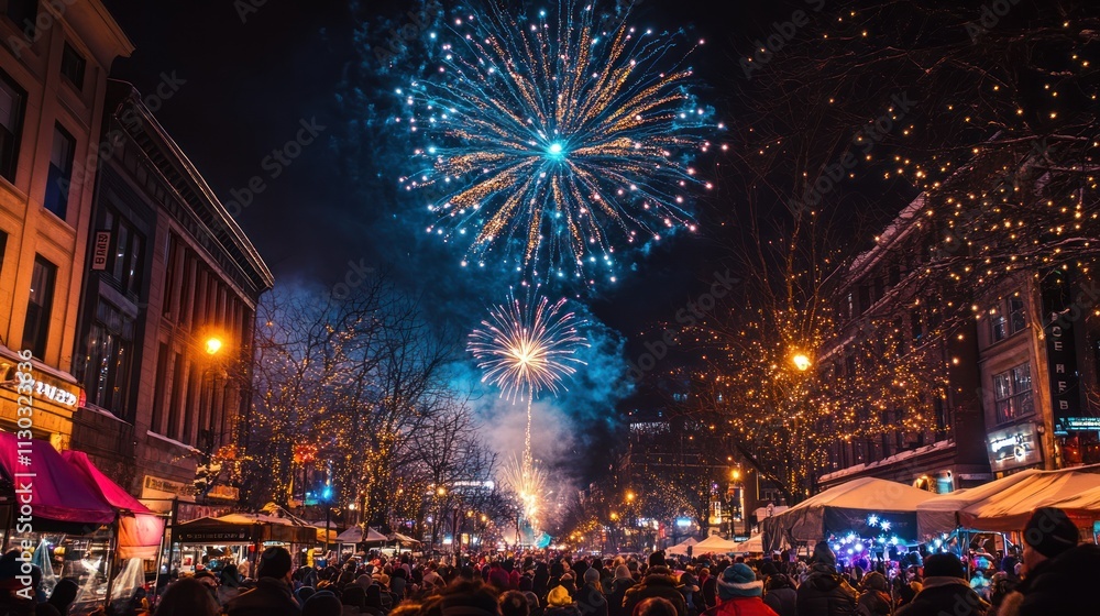 Obraz premium Vibrant street celebration for New Year, live performances, food stalls, and sparkling fireworks over a cheering crowd