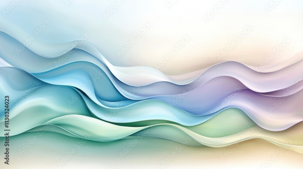 Fototapeta premium A serene painting featuring soft, flowing organic ripples in calming shades of pale blue, mint green, and lavender gently merging together on a canvas.