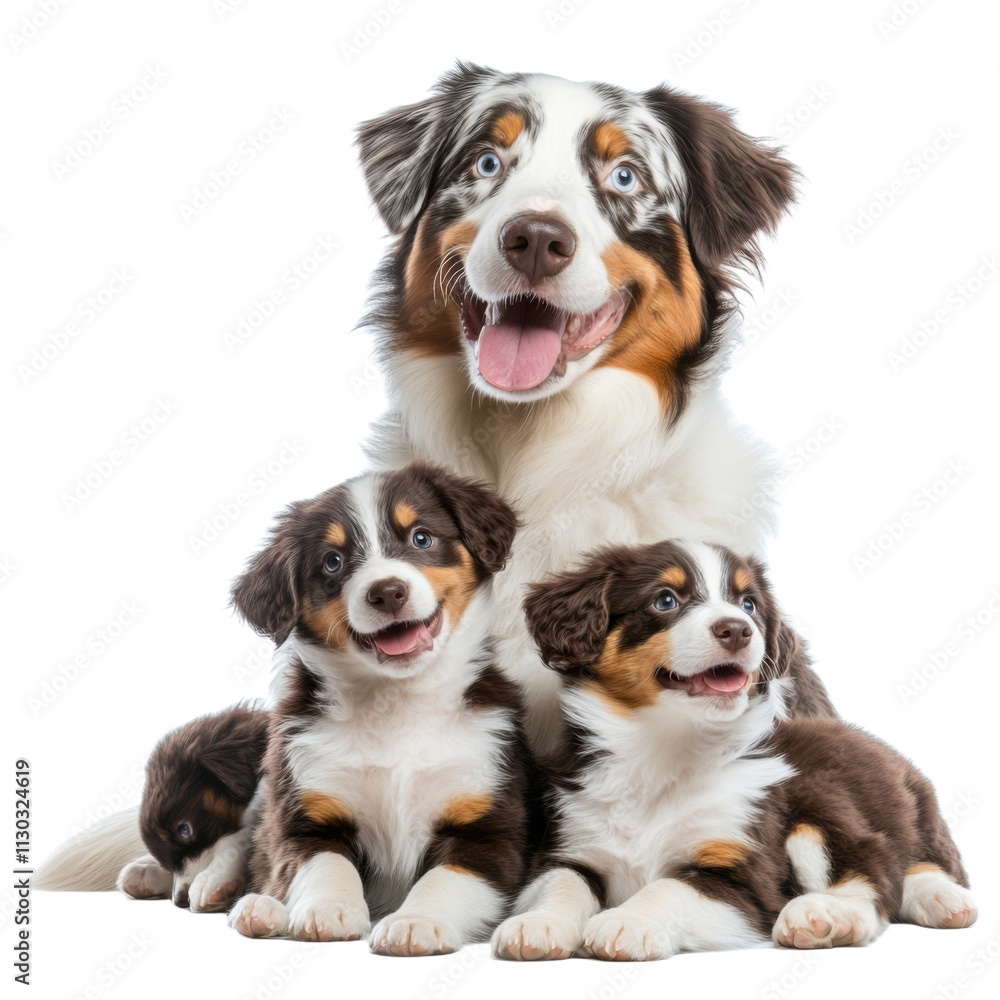 Fototapeta premium Australian Shepherd and two puppies, loving, white background