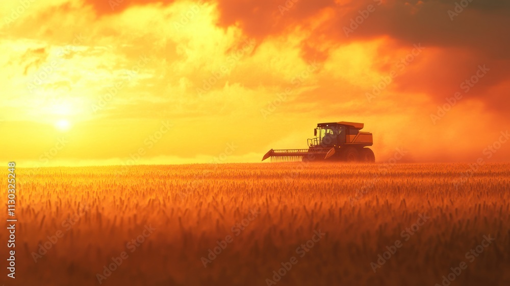 Fototapeta premium A combine harvester working in a golden wheat field during a vibrant sunset.
