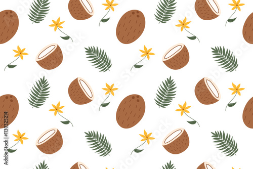 Coconuts summer seamless pattern. Coconuts, leaves and flowers on white background. 