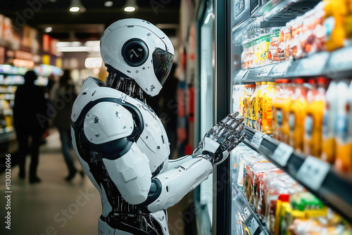 Side view of humanoid Futuristic retail robot assistant at a grocery store. future of retail automation and artificial intelligence in grocery stores