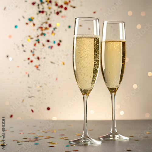 Two sleek champagne flutes clinking together, with golden bubbles rising inside, set against a subtle confetti background photo