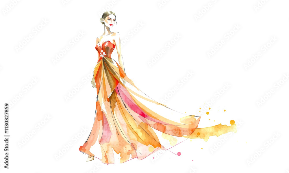 Fototapeta premium Elegant fashion sketch of woman in flowing orange gown with watercolor effects, showcasing blend of colors and graceful design