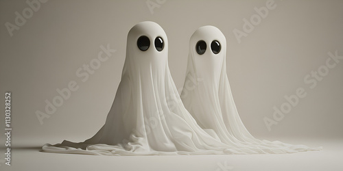 Two Friendly Ghosts with Wide Eyes and Smiles Floating Against Plain Background

