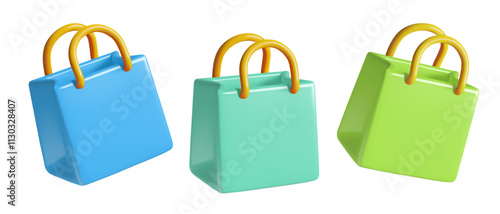Green and blue mall shopping bags 3d realistic vector icons set. Cute paper gift bags render in spring colors. 
