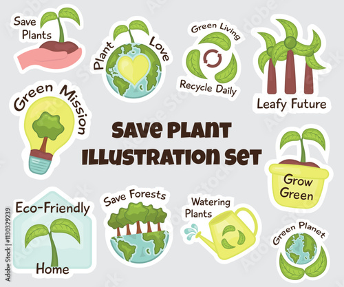 Save Plant With Text Illustration Set