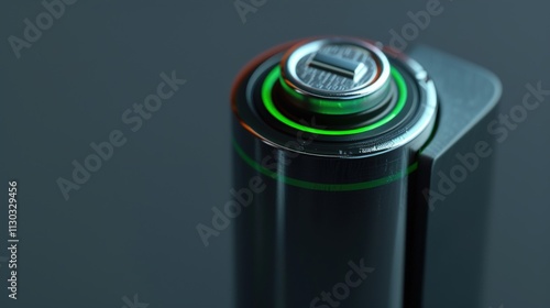 A close-up of a rechargeable battery with a green charging indicator light on a solid gray background.