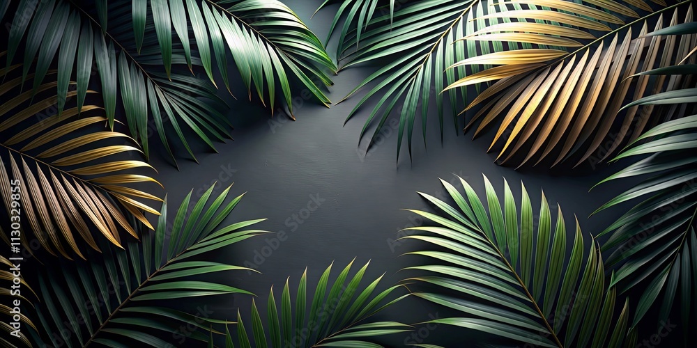 Naklejka premium Dark Background Tropical Palm Fronds Design Element Featuring Gold and Green Leaves