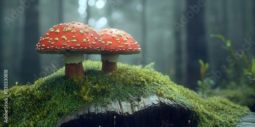 Red and White Mushrooms on Moss-Covered Log in Dense Forest

