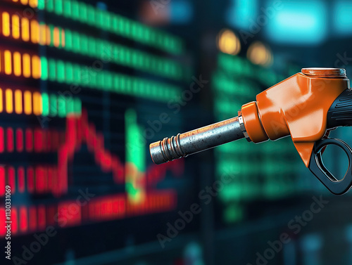 Gas pump nozzle against fluctuating stock market graph symbolizes energy crisis. image captures tension fossil fuel markets photo