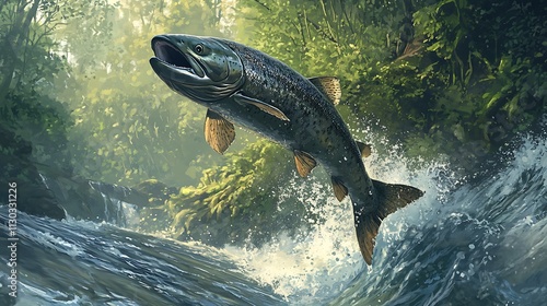 salmon jumping out of river water during migration with lush greenery in the background