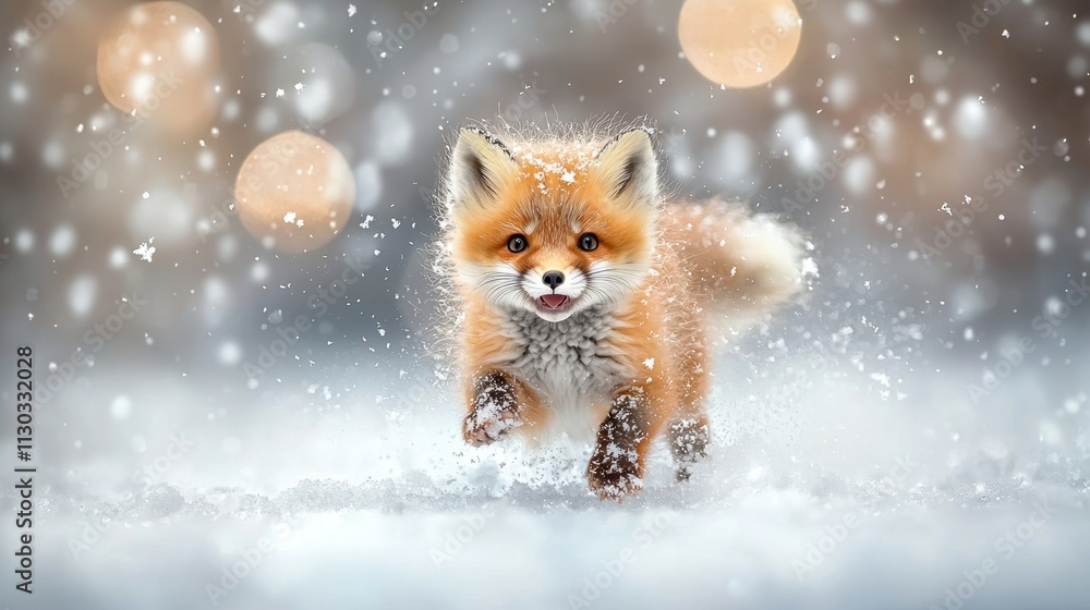 Obraz premium A fluffy baby fox with bright orange fur frolics in the shimmering white snow, its playful antics mirroring the whimsical magic of a winter wonderland.