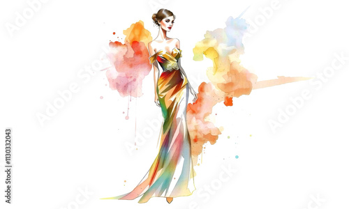 stunning fashion sketch featuring colorful watercolor gown design, showcasing elegance and creativity. vibrant hues blend beautifully, creating captivating visual