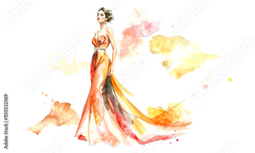 Elegant fashion sketch of woman in flowing watercolor dress, showcasing vibrant colors and artistic flair. design captures beauty and grace in stunning visual