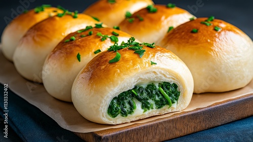 Soft Armenian boreg pastries filled with cheese, spinach, and herbs, ready to be torn apart. photo