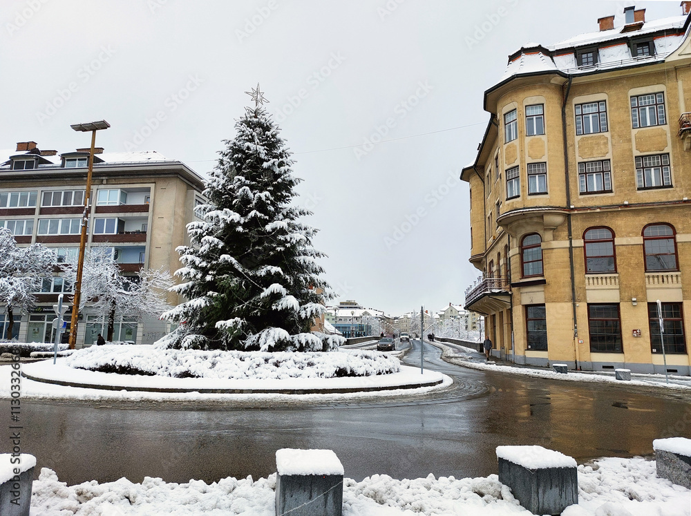 snow in Maribor. Slovenia. New Year Tree on Main square. Winter season