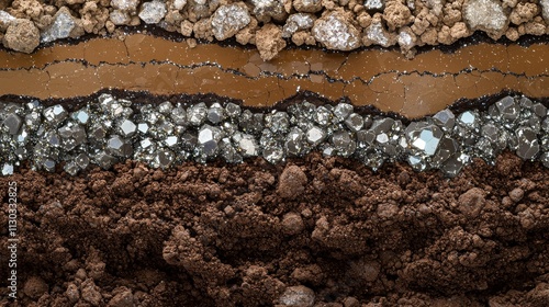 A cross-sectional view of soil layers showcasing various textures, minerals, and organic matter, illustrating the complexity of geological formations.