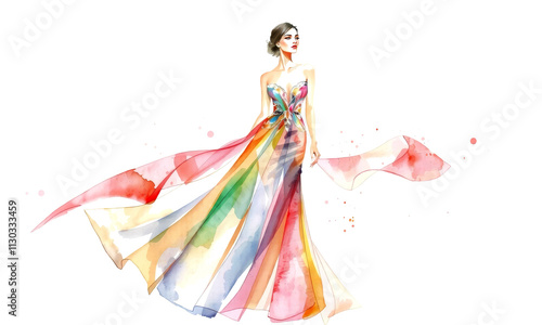 stunning fashion sketch featuring model in vibrant, flowing gown with watercolor effect. dress showcases blend of colors, creating beautiful and artistic design