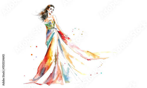 vibrant fashion sketch featuring woman in flowing, colorful gown. watercolor design showcases blend of hues, capturing elegance and style in whimsical manner