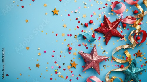 Banner festive and celebratory composition with a blue background copy space. Colorful metallic stars in red, gold, and blue, small pink beads. shimmering curled ribbons in gold and red tones.