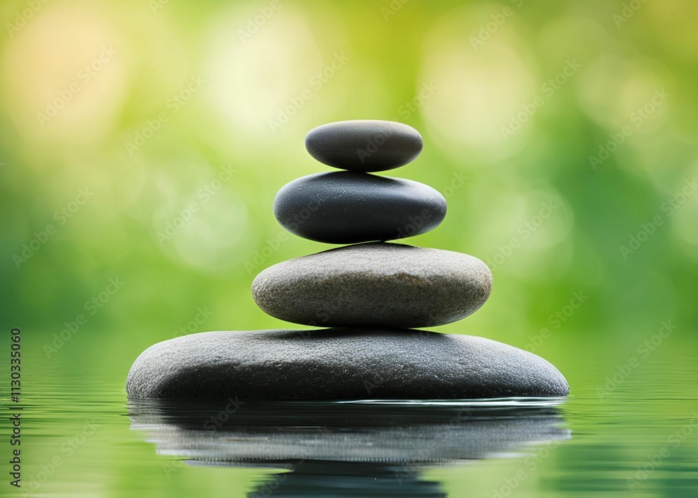 Obraz premium Stack of zen stones balancing on water with green background. Closeup of balancing rock stack pyramid for mediation Zen-like image.
