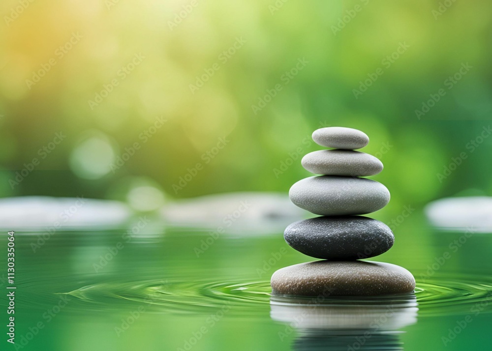 Obraz premium Stack of zen stones balancing on water with green background. Closeup of balancing rock stack pyramid for mediation Zen-like image.