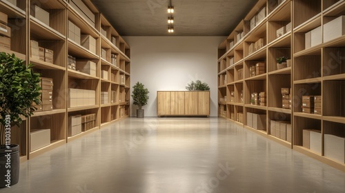 Modern storage room with wooden shelves, organized boxes, and green plants enhancing the clean interior design
