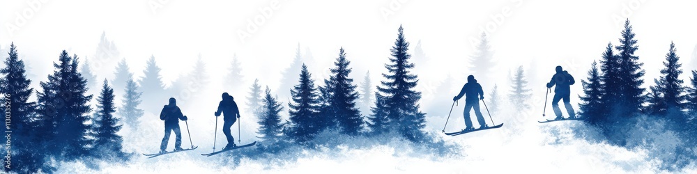Obraz premium Winter Skiing Action, Three Skiers in Motion, Snow-covered Landscape, Panoramic View of Slope, Evergreen Pine Trees, Bright and Vibrant