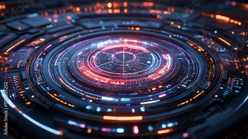 Wallpaper Mural Futuristic technology interface with concentric circles of glowing lights and dark metallic components. Torontodigital.ca