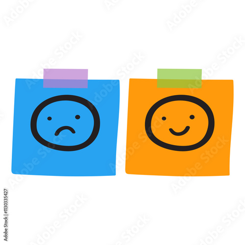 Paper notes with happy and unhappy faces. Flat design. Illustration on white background.