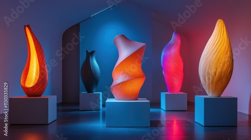 Large, colorful sculptures on clean white pedestals set against a dark background, with soft underlighting that creates dramatic silhouettes and shadows. photo