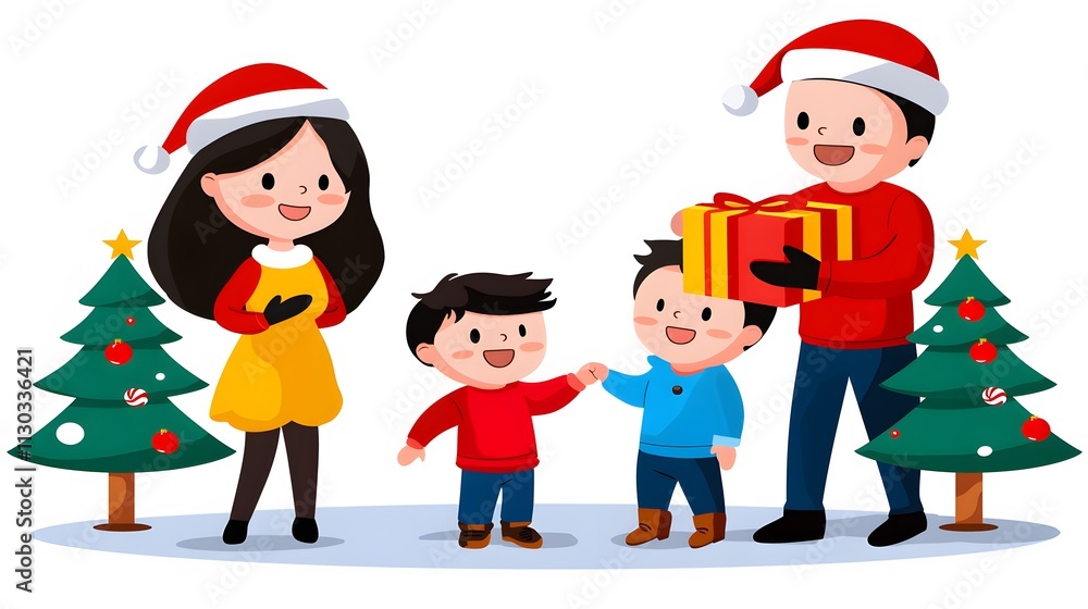 Happy family exchanging Christmas gifts near decorated trees. Happy family exchanging Christmas gifts near decorated trees.