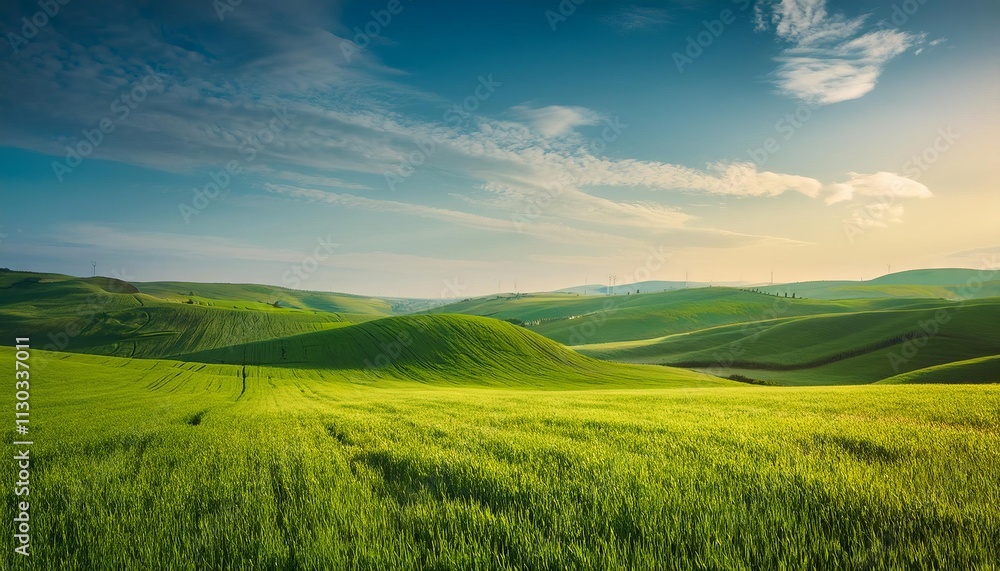 Fototapeta premium A peaceful countryside landscape with a wheat field, blue sky, and distant hills, capturing the essence of nature in summer