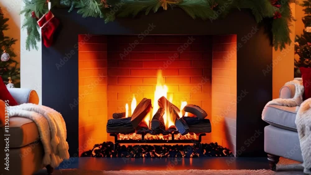 A warm, crackling fireplace takes center stage, casting a cozy glow on ...