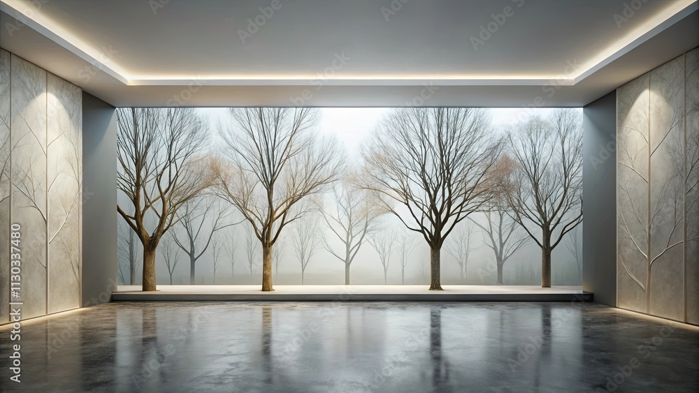 Fototapeta premium Modern Minimalist Interior Design Featuring a Panoramic Window with Bare Trees in a Misty Landscape