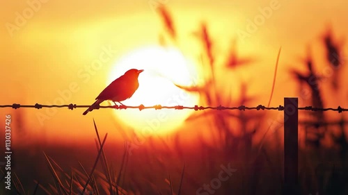 A bird perched on a fence, singing a song as the sun sets in the background photo