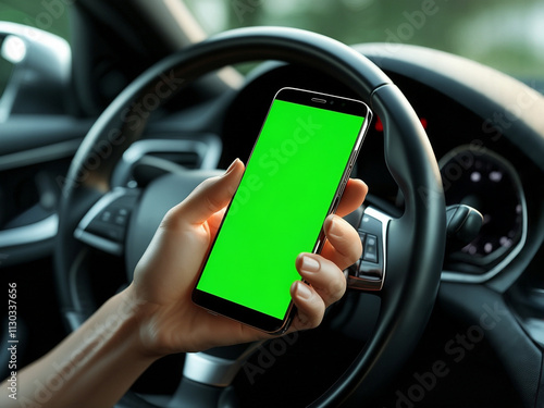 A smartphone featuring a vibrant green screen integrated into the cars dashboard design photo