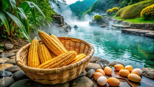 Misty hot springs meet vibrant harvest bounty in a captivating Taiwanese double exposure photograph. photo