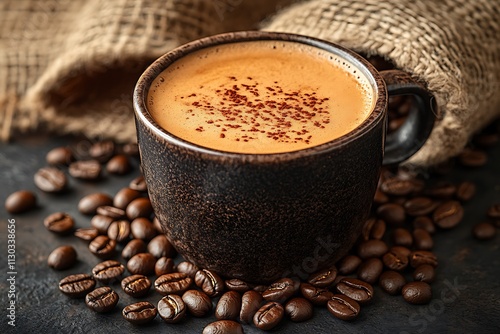 Dark Coffee Cup Surrounded By Roasted Coffee Beans photo