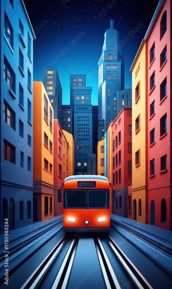 Fototapeta premium Night Tram on City Street with Bright Buildings