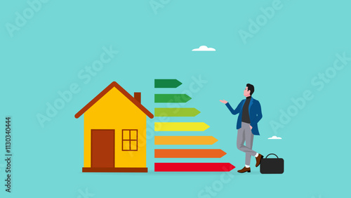 business energy efficiency, energy savings at home or business industry, saving rate for reduce carbon footprint, man presents house with energy efficient rating class to save cost green energy