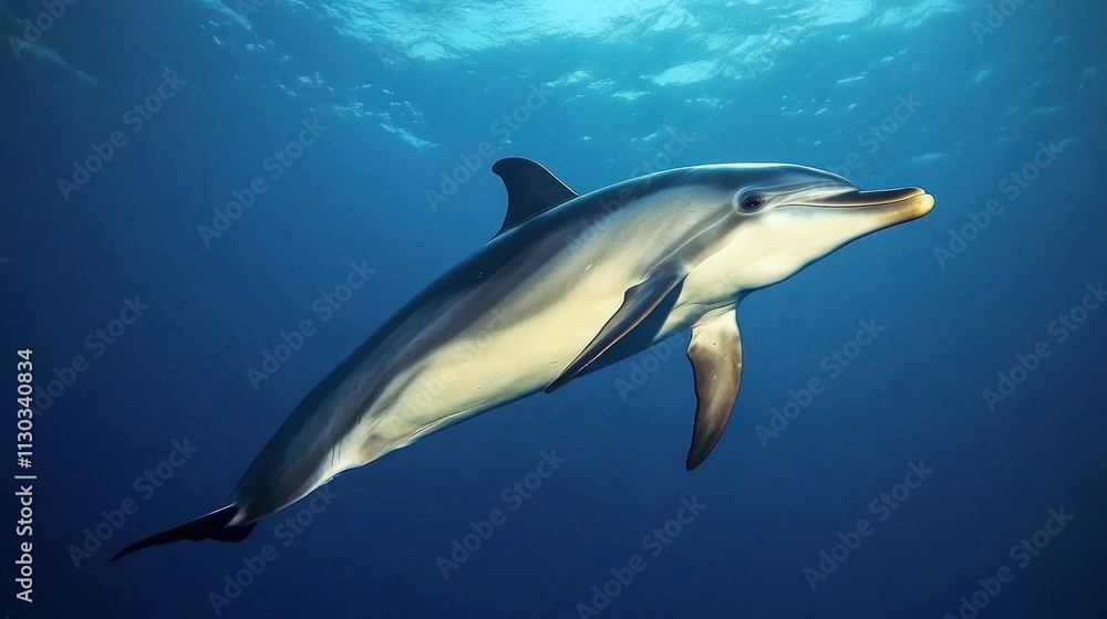 Obraz premium A dolphin swimming gracefully underwater in a clear blue ocean.