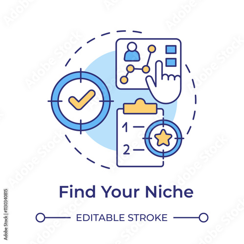 Find your niche multi color concept icon. Start manufacturing business. Market analysis. Goal setting. Round shape line illustration. Abstract idea. Graphic design. Easy to use in article